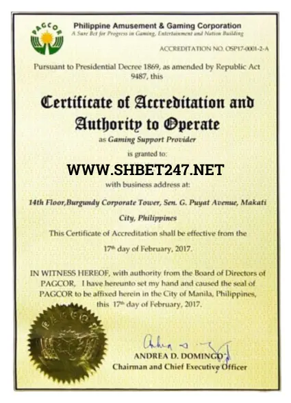 Chứng chỉ hoạt động của SHBET247 được cấp bởi PAGCOR